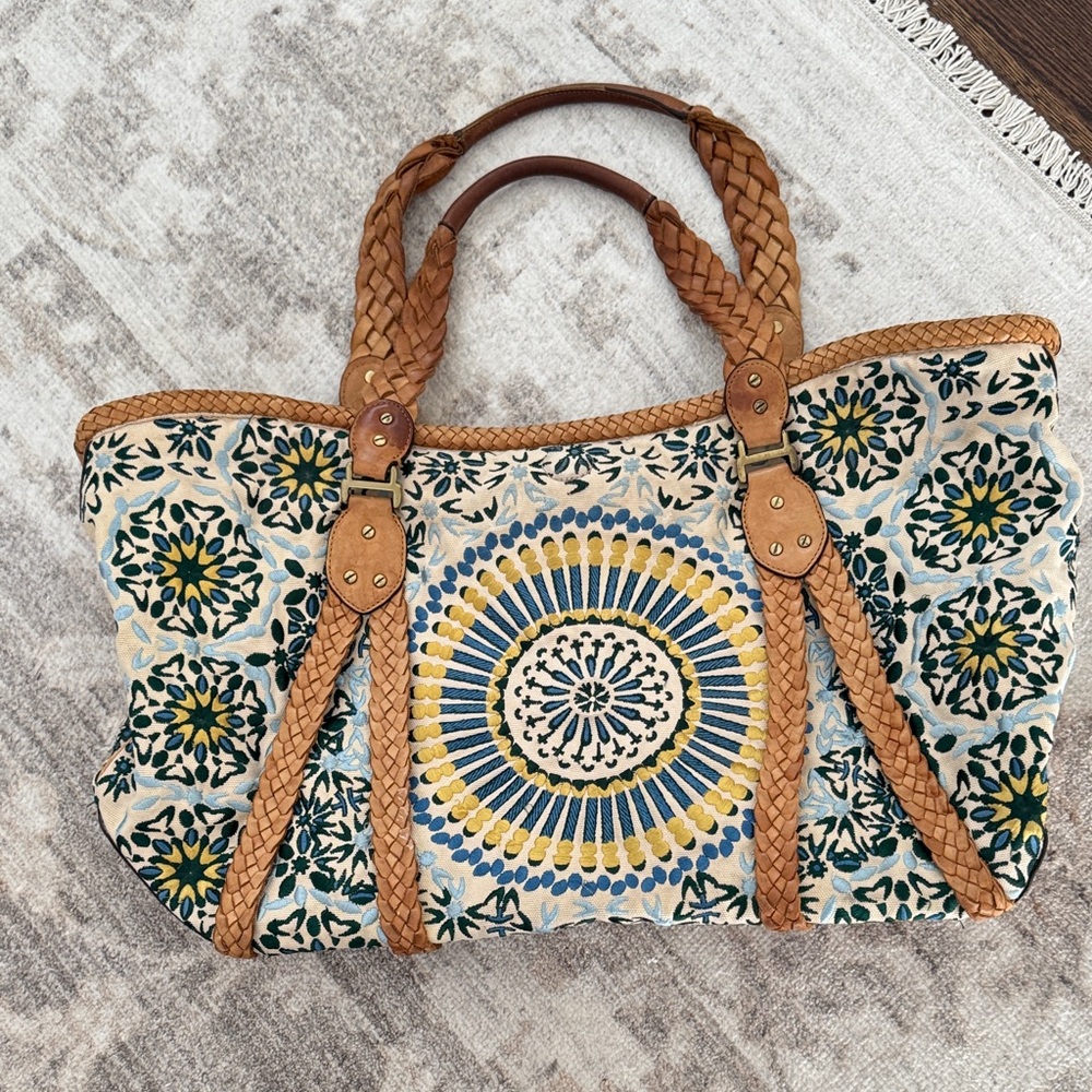 Cole Haan Blue and Yellow Patterned Tote with Tan Braided Handles